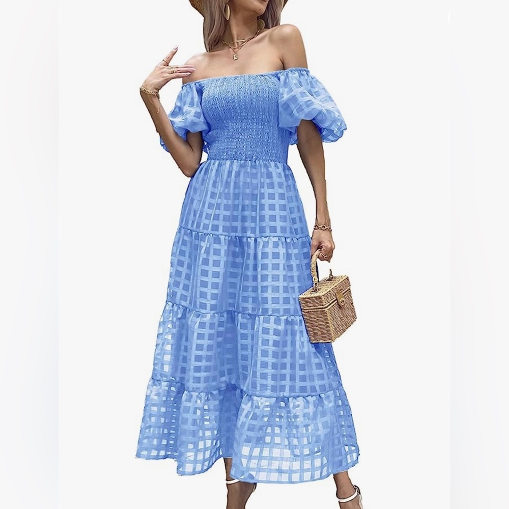 On/Off Shoulder Puff Sleeve Maxi Dress